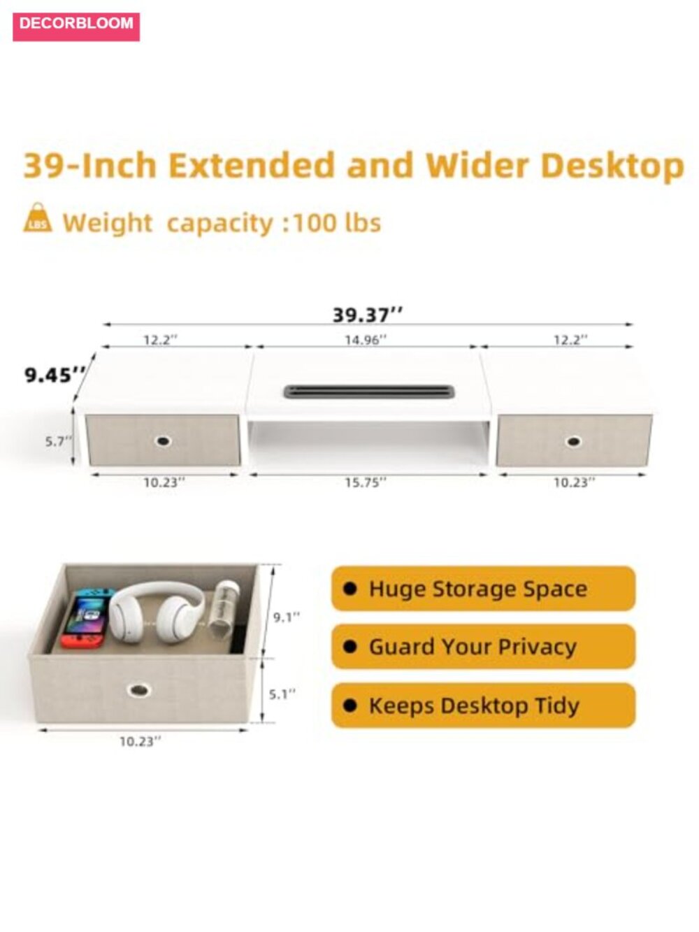 39 Inch Dual Monitor Stand Riser with 2 Drawers, Ergonomic Computer Desk - Picture 2 of 6